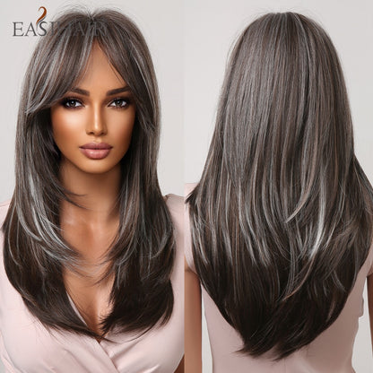 EASIHAIR Long Straight Synthetic Wigs for Women Ombre Brown Golden Blonde Middle Part Heat Resistant Cosplay Wig Natural Hair