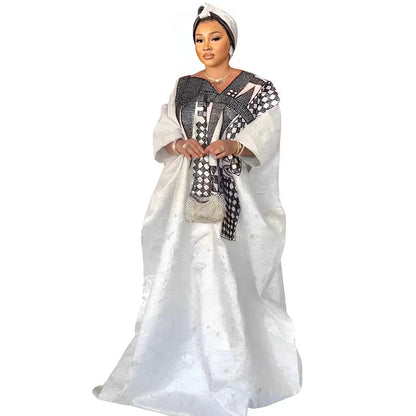 African Dress For Woman Plus Size Dress Bazin Riche Embroidery With Embroidery Floor Long Dress With Scarf