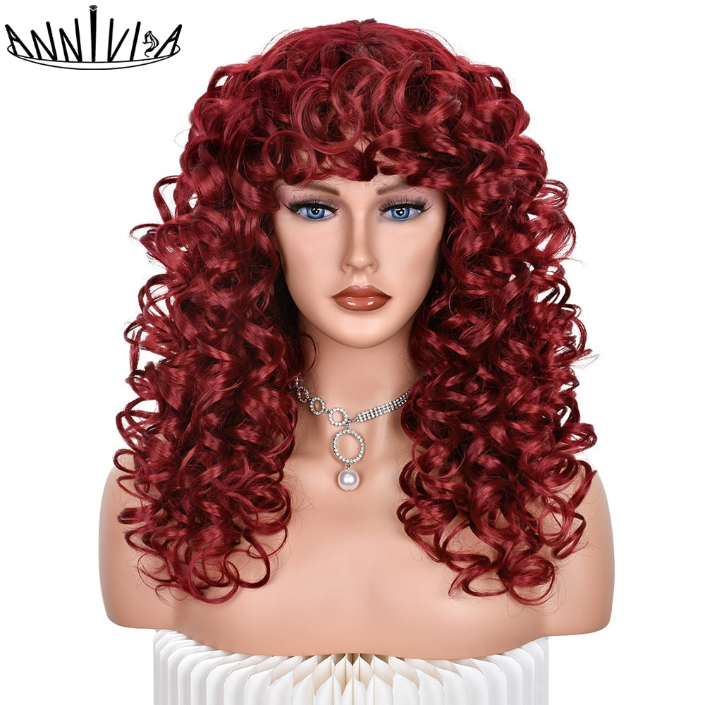 Black Curly Wig With Bangs Long Curly Afro Wigs for Women Synthetic Fiber Glueless Hair for Daily Use Party Halloween Cosplay