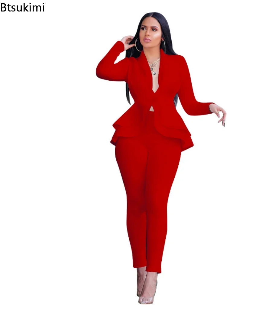 2024 Women's Formal Set 2PCS Tracksuit Full Sleeve Ruffles Blazers Pencil Pants Suit Two Piece Set Office Lady Outfits Uniform