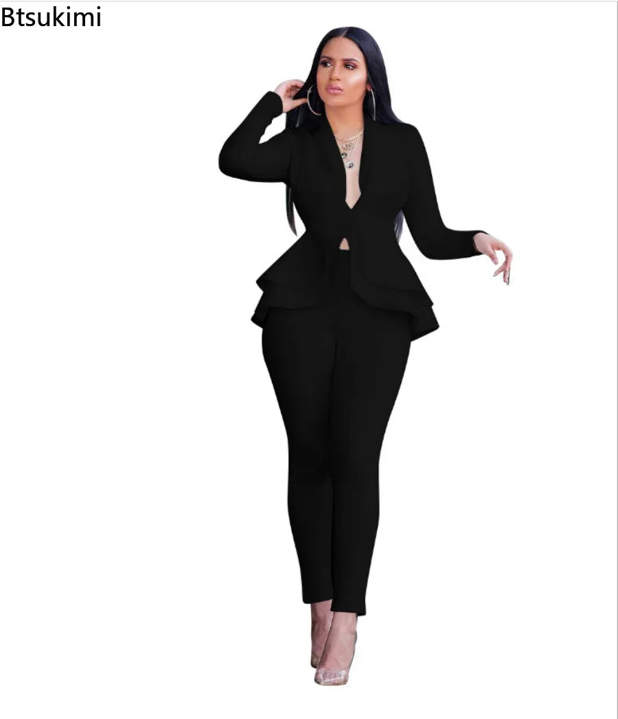 2024 Women's Formal Set 2PCS Tracksuit Full Sleeve Ruffles Blazers Pencil Pants Suit Two Piece Set Office Lady Outfits Uniform