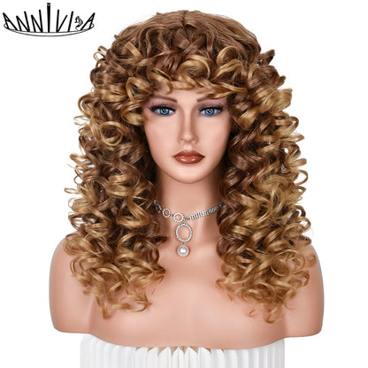 Black Curly Wig With Bangs Long Curly Afro Wigs for Women Synthetic Fiber Glueless Hair for Daily Use Party Halloween Cosplay