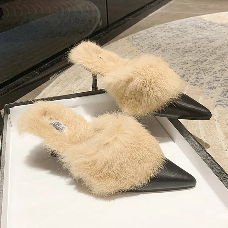 Fur Women Mid Heels Slippers Warm Pointed Toe Shoes 2023 Winter Trend New Plush Cotton Casual Flip Flops Pumps Bottine Femme