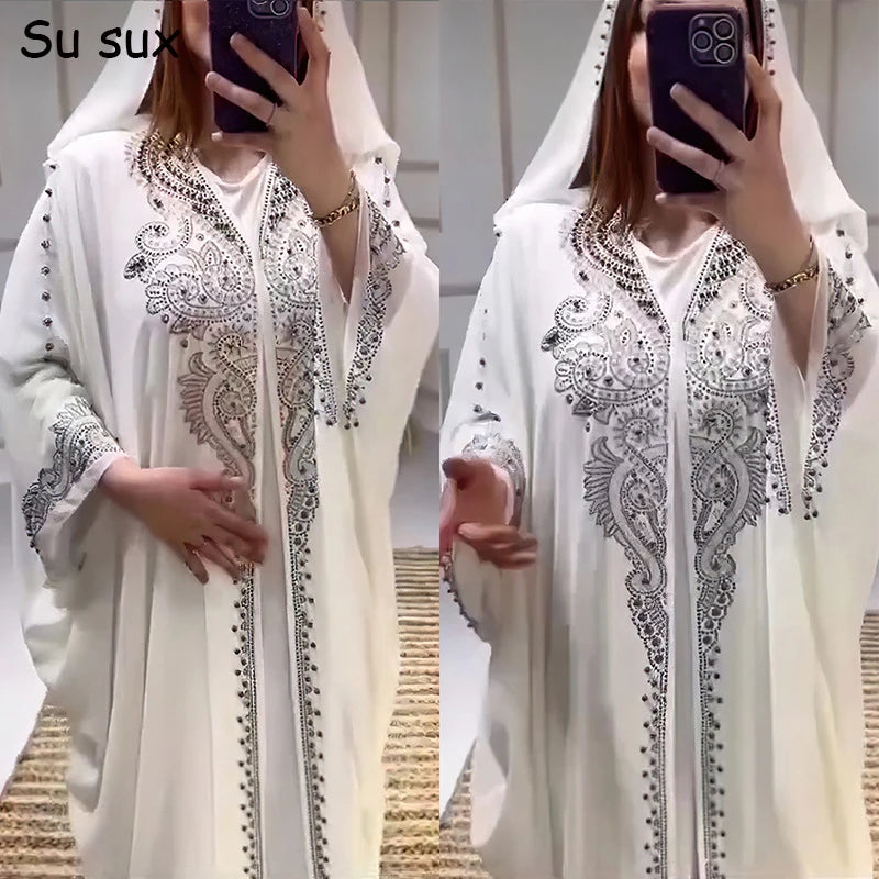 Beading Chiffon Maxi Dress Caftan Abaya Dubai Luxury Muslim Women Clothing Hijabs Femme Plus Size Hooded Long Dresses African