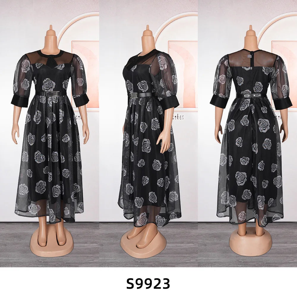 Print Mesh Maxi Dress African Clothes For Women Clothing 2024 Spring Summer Elegant O Neck A Line Long Dresses Vestidos Robe