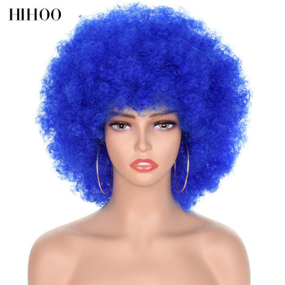 Halloween Wig Short Black Hair Cosplay Afro Kinky Curly Wig With Bangs Women's Wigs Blonde Wig Pink Synthetic Wig Blue Red Brown