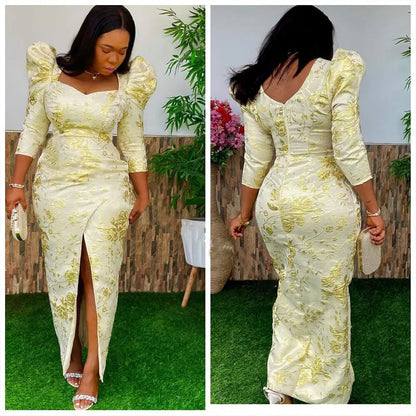 Women's Dresses New Square Neck Slim Print Slim  African Bridal Dress Split Front Hem Wrist Shine Elegant Female Dress  2023
