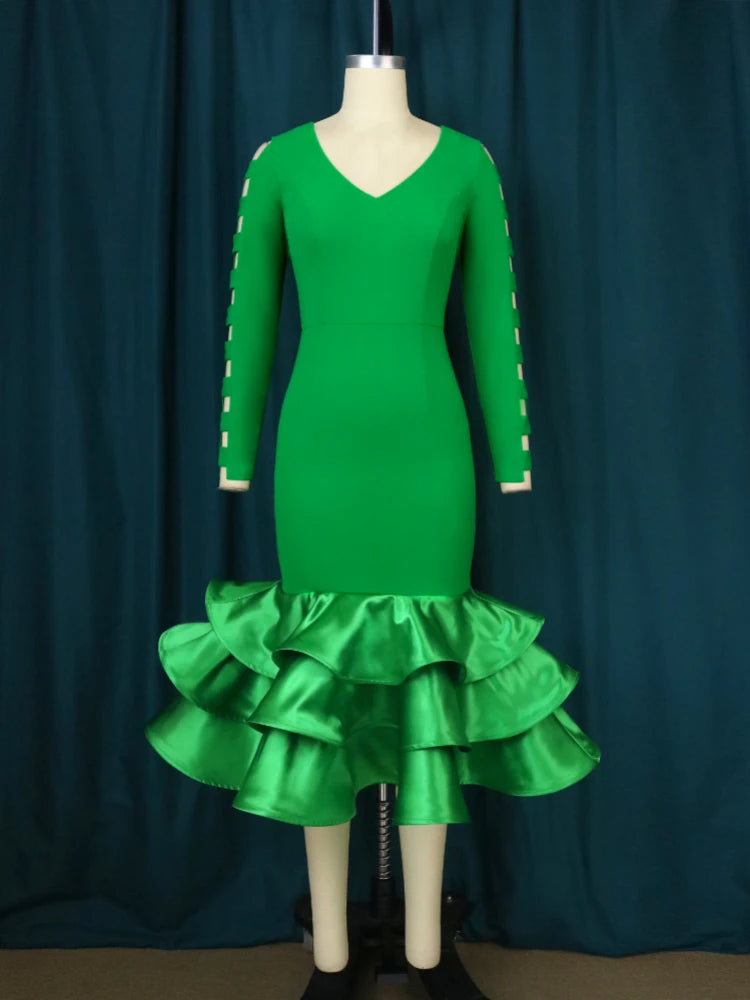 Mermaid Green Elegant Party Dresses for Women 2024 Bodycon Long Sleeve Robe Cut Out Tierred Ruffle Prom Modest Formal New In 4XL