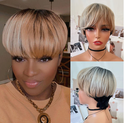 WIGERA  Highlight Synthetic Wigs Short Straight  Pixie Cut Hair Bob Wig Honey Gold Mix Black  Hair For Woman