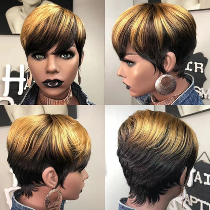 WIGERA  Highlight Synthetic Wigs Short Straight  Pixie Cut Hair Bob Wig Honey Gold Mix Black  Hair For Woman