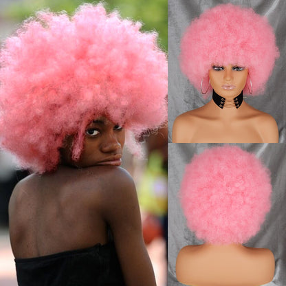 WERD Short Kinky Curly Wig High Puff Afro Wig Black Brown Pink Gold Natural Ombre Synthetic Hair Cosplay Wig