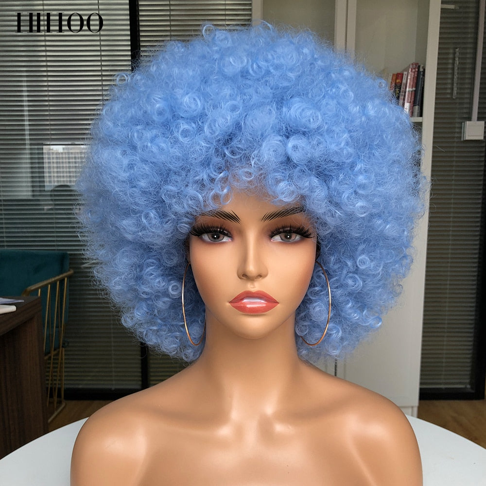 Short Hair Afro Kinky Curly Wig With Bangs Women&#39;s wigs Cosplay Blonde Wig Pink Synthetic Wig Halloween Black Wig Blue Red Brown