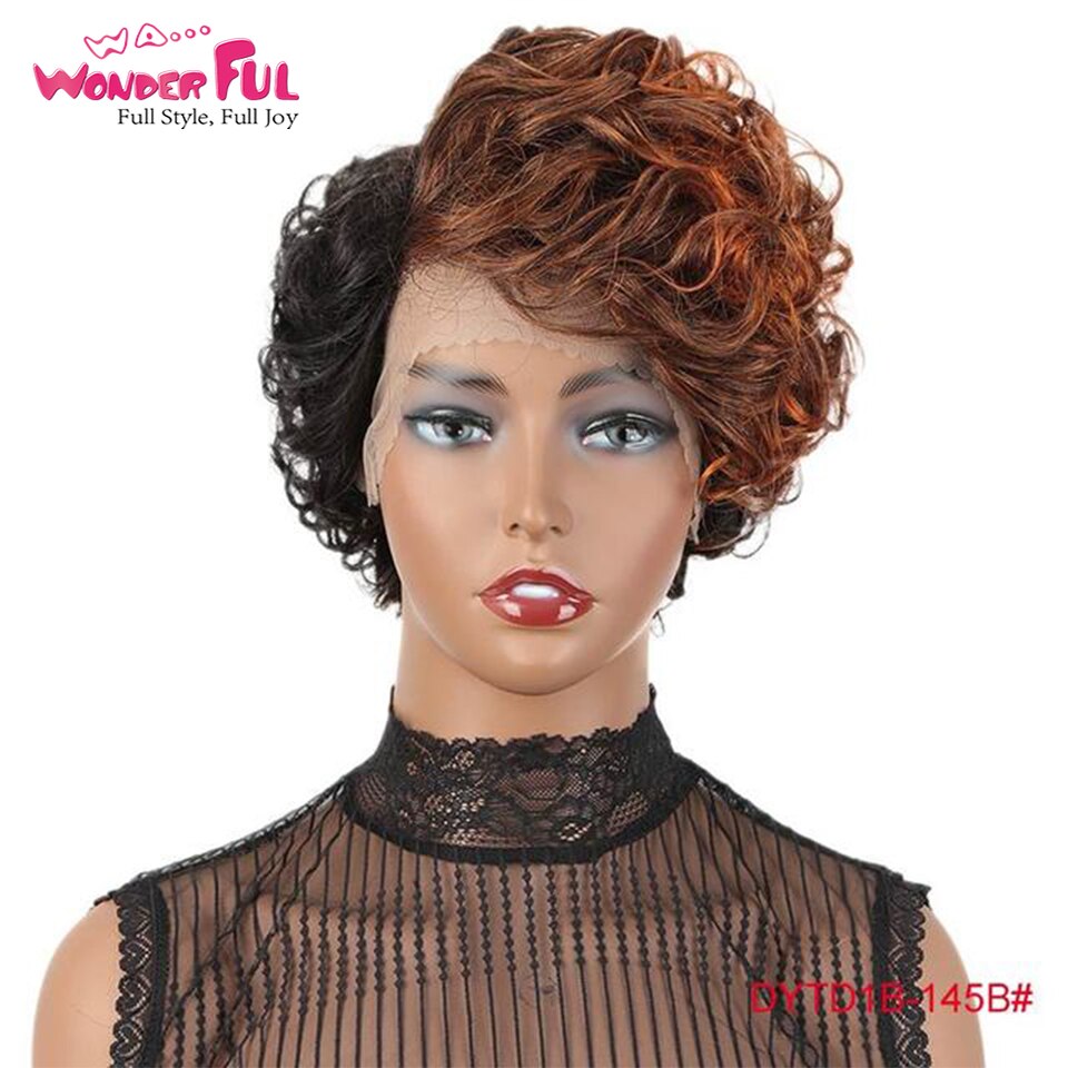 Wonderful Short Cute Pixie Lace Wigs Loose Curly Hair Peruvian Remy Lace Part Human Hair Wig For Women Black Brown Free Shipping