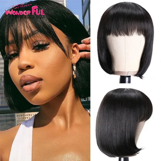 Wonderful Short Bob Wig With Bangs Straight Brazilian Hair Wigs For Women Human Hair Glueless Machine Made Cheap Human Hair Wigs