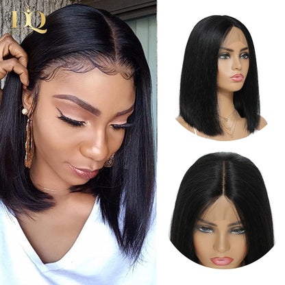 DQ Lace Part Human Hair Wigs Brazilian Straight Lace Wig  Bob Remy Hair Wigs Pre Plucked Hairline 150% Density Double Drawn