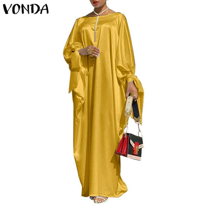 VONDA Women Elegant Dress 2023 Long Sleeve Bohemian Holiday Sundress Satin Solid Dresses Casual Beach Vestidos Robe Femme