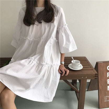 Short Sleeve Dress Women Pleated Solid Simple Summer Fashion Womens Dresses Loose Ins Sweet Korean Style Students Vestidoes Chic