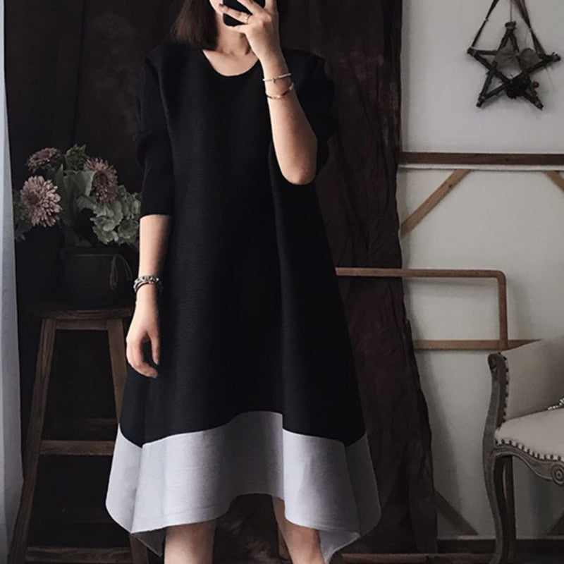 LANMREM Women Green Black Midi Long Pleated  Dress New Round Neck Half Sleeve Loose Fashion Spring 2023 2E1108