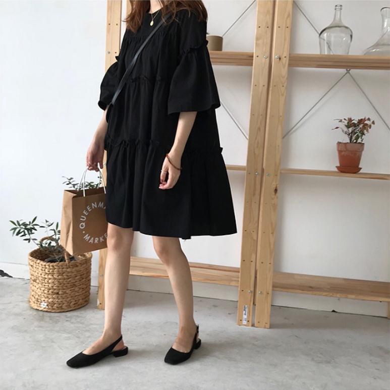 Short Sleeve Dress Women Pleated Solid Simple Summer Fashion Womens Dresses Loose Ins Sweet Korean Style Students Vestidoes Chic