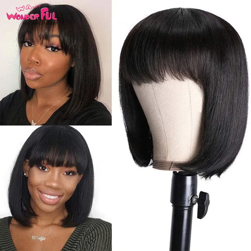 Wonderful Short Bob Wig With Bangs Straight Brazilian Hair Wigs For Women Human Hair Glueless Machine Made Cheap Human Hair Wigs