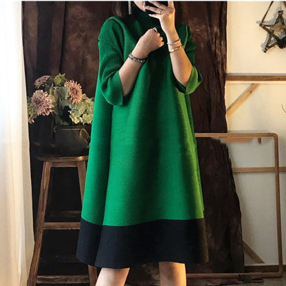 LANMREM Women Green Black Midi Long Pleated  Dress New Round Neck Half Sleeve Loose Fashion Spring 2023 2E1108