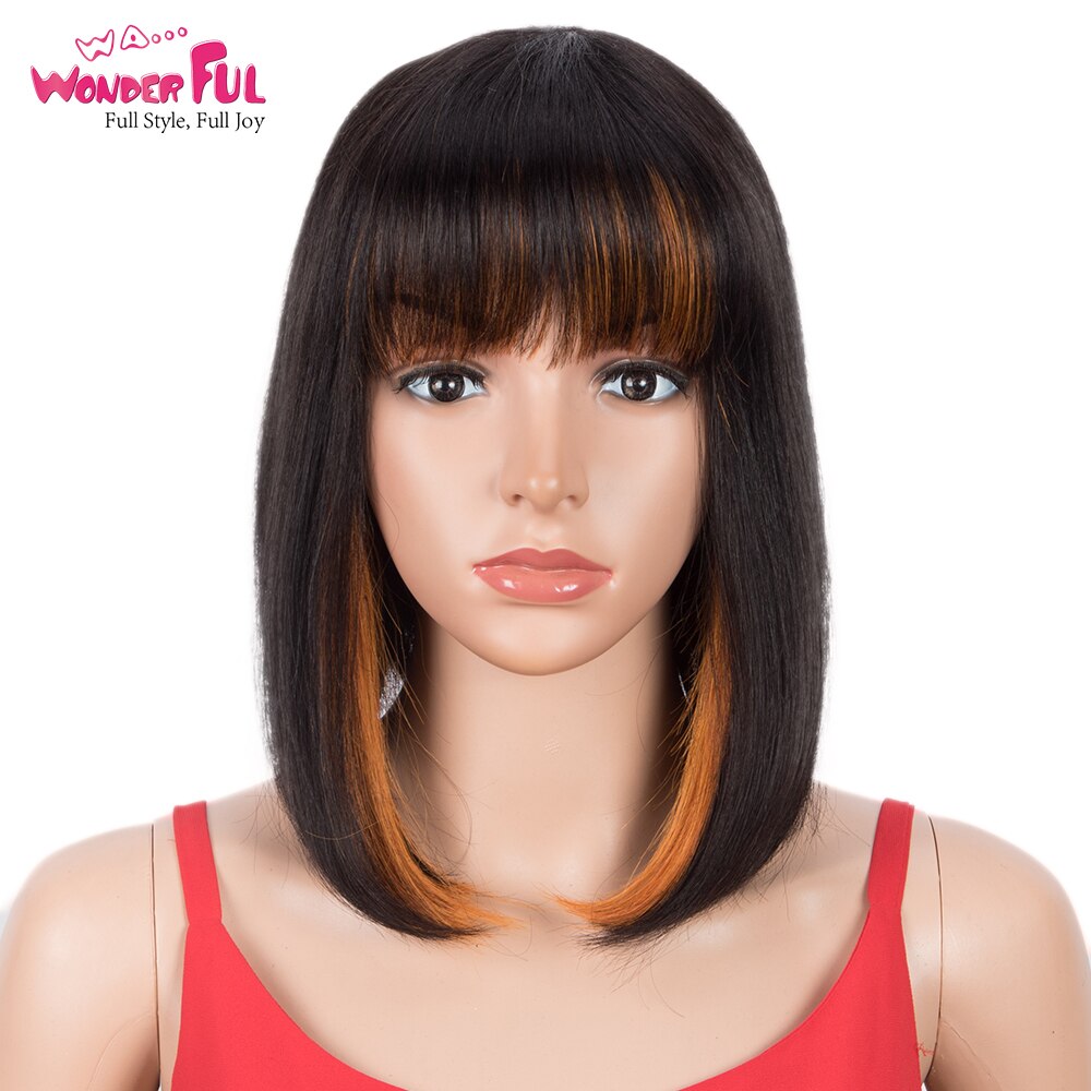 Wonderful Short Bob Wig With Bangs Straight Brazilian Hair Wigs For Women Human Hair Glueless Machine Made Cheap Human Hair Wigs