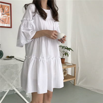 Short Sleeve Dress Women Pleated Solid Simple Summer Fashion Womens Dresses Loose Ins Sweet Korean Style Students Vestidoes Chic