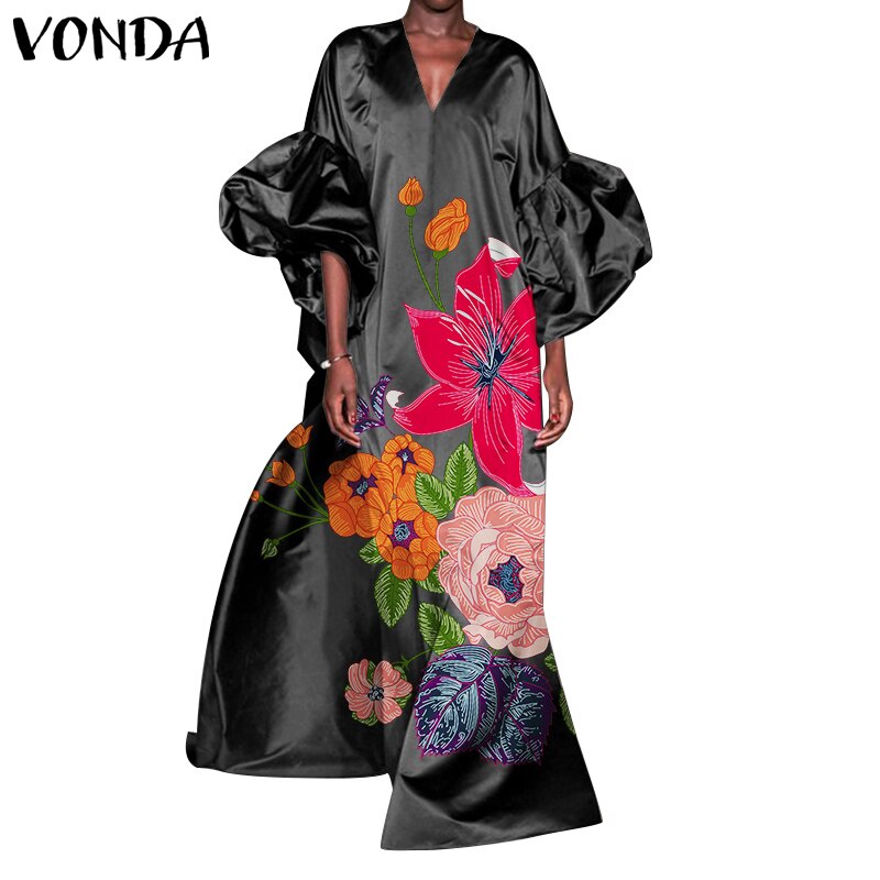 VONDA Women Autumn Satin Dress 3/4 Sleeve Floral Printed Maxi Dresses Loose Lantern Sleeve Bohemian Vestidos Oversized Sundress