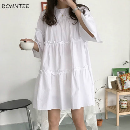 Short Sleeve Dress Women Pleated Solid Simple Summer Fashion Womens Dresses Loose Ins Sweet Korean Style Students Vestidoes Chic