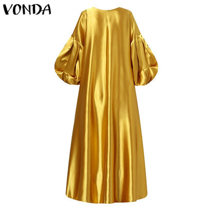 VONDA Women Autumn Satin Dress 3/4 Sleeve Floral Printed Maxi Dresses Loose Lantern Sleeve Bohemian Vestidos Oversized Sundress