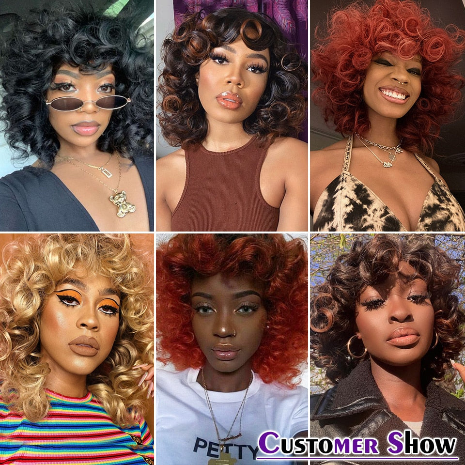 Short Hair Afro Kinky Curly Wigs With Bangs For Black Women Fluffy Synthetic African Ombre Glueless Cosplay Natural Brown Wigs