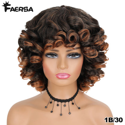 Short Hair Afro Kinky Curly Wigs With Bangs For Black Women Fluffy Synthetic African Ombre Glueless Cosplay Natural Brown Wigs