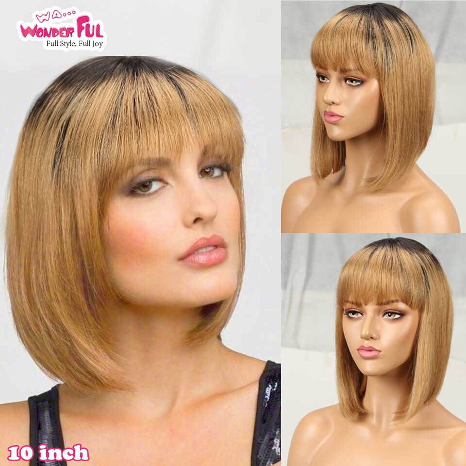 Wonderful Short Bob Wig With Bangs Straight Brazilian Hair Wigs For Women Human Hair Glueless Machine Made Cheap Human Hair Wigs