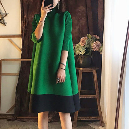 LANMREM Women Green Black Midi Long Pleated  Dress New Round Neck Half Sleeve Loose Fashion Spring 2023 2E1108