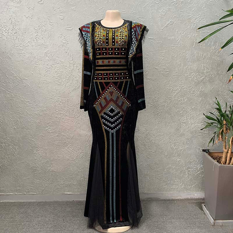 New Winter Women Bazin Rich African Ethnic Printed Rhinestone Dress Autumn Velvet Fashion Exotic Party Maxi Dresses For Women