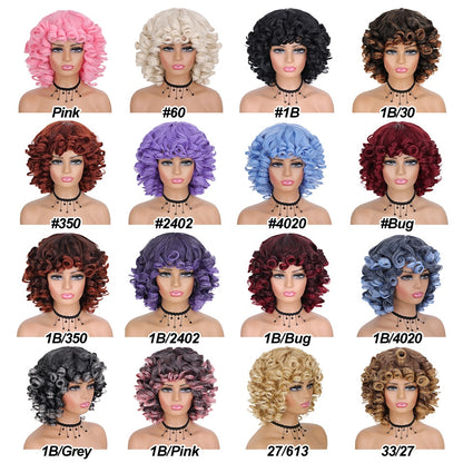 Short Hair Afro Kinky Curly Wigs With Bangs For Black Women Fluffy Synthetic African Ombre Glueless Cosplay Natural Brown Wigs