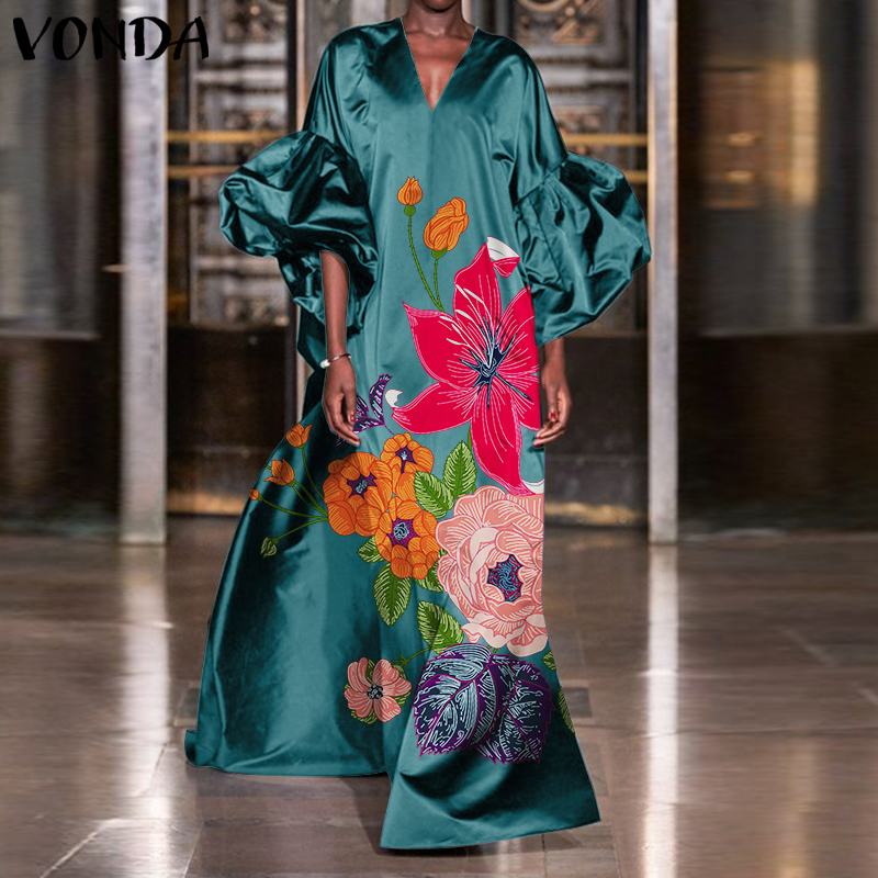 VONDA Women Autumn Satin Dress 3/4 Sleeve Floral Printed Maxi Dresses Loose Lantern Sleeve Bohemian Vestidos Oversized Sundress