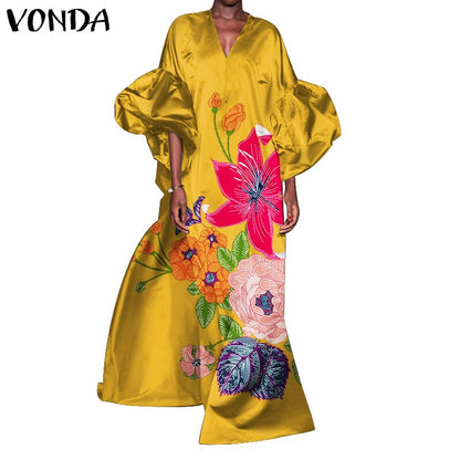 VONDA Women Autumn Satin Dress 3/4 Sleeve Floral Printed Maxi Dresses Loose Lantern Sleeve Bohemian Vestidos Oversized Sundress