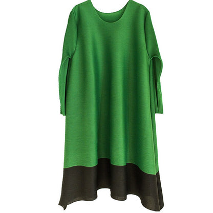 LANMREM Women Green Black Midi Long Pleated  Dress New Round Neck Half Sleeve Loose Fashion Spring 2023 2E1108