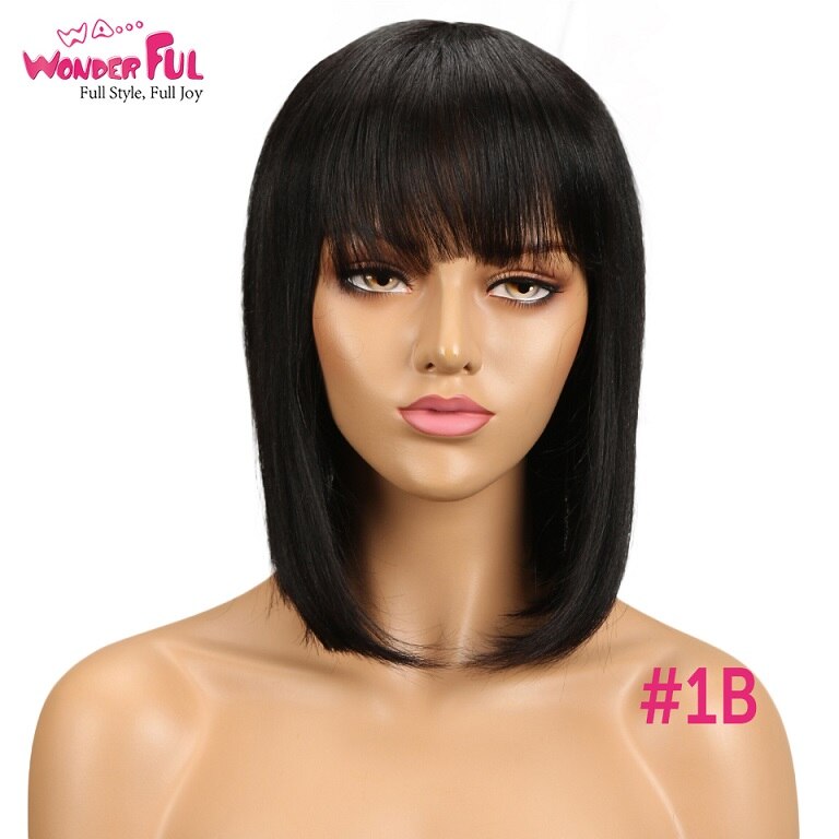 Wonderful Short Bob Wig With Bangs Straight Brazilian Hair Wigs For Women Human Hair Glueless Machine Made Cheap Human Hair Wigs