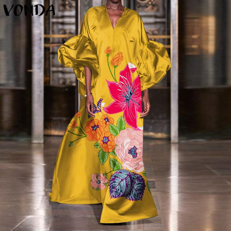 VONDA Women Autumn Satin Dress 3/4 Sleeve Floral Printed Maxi Dresses Loose Lantern Sleeve Bohemian Vestidos Oversized Sundress