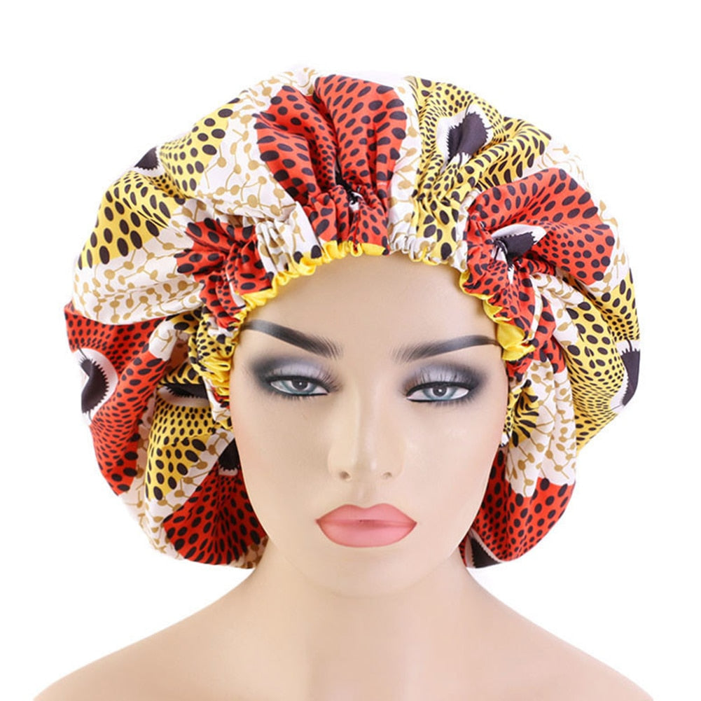 Women African Floral Print Satin Night Sleep Bonnet Hat Hair Care Cap Head Wrap Large Head Wear Ladies Headwrap Hair Care Hat