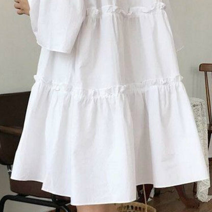 Short Sleeve Dress Women Pleated Solid Simple Summer Fashion Womens Dresses Loose Ins Sweet Korean Style Students Vestidoes Chic