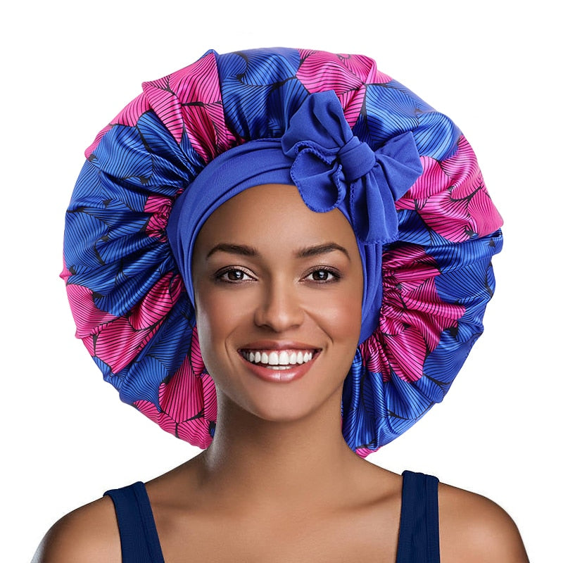 Extra Large Satin Sleeping Cap Hair Bonnet For Women African Pattern Ankara Print Long Tail Bonnets Wide Stretchy Band Hat