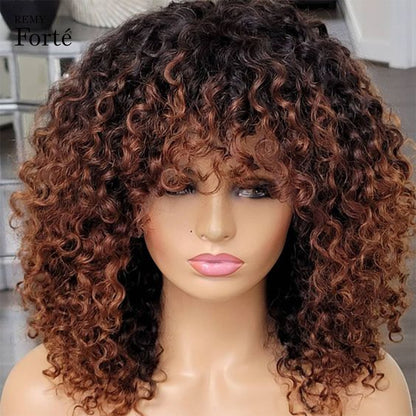 Jerry Curly Human Hair Wigs with Bangs Full Machine Made Wigs Highlight Honey Blonde Ombre Color For Woman Brazilian Remy Hair