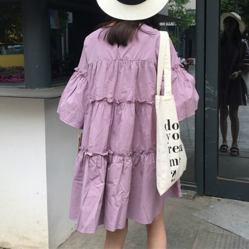 Short Sleeve Dress Women Pleated Solid Simple Summer Fashion Womens Dresses Loose Ins Sweet Korean Style Students Vestidoes Chic