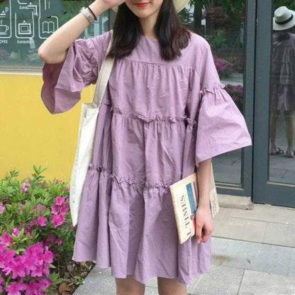 Short Sleeve Dress Women Pleated Solid Simple Summer Fashion Womens Dresses Loose Ins Sweet Korean Style Students Vestidoes Chic