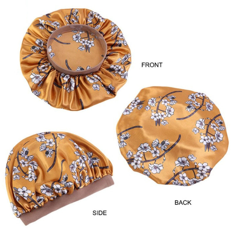 Printing Satin Bonnet For Women Elastic Wide Band Night Sleep Satin Hat Chemo Caps Hair Loss Cover Fashion Head Wrap Hair Care