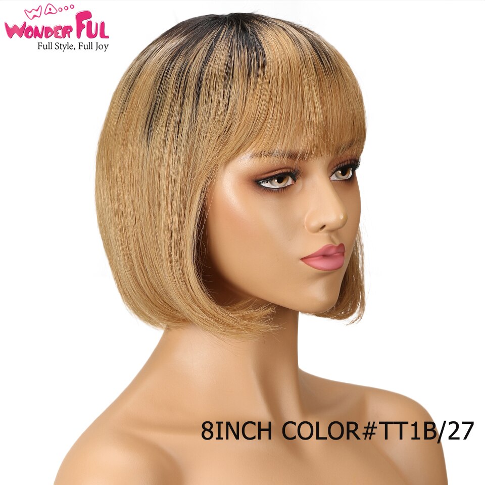 Wonderful Short Bob Wig With Bangs Straight Brazilian Hair Wigs For Women Human Hair Glueless Machine Made Cheap Human Hair Wigs