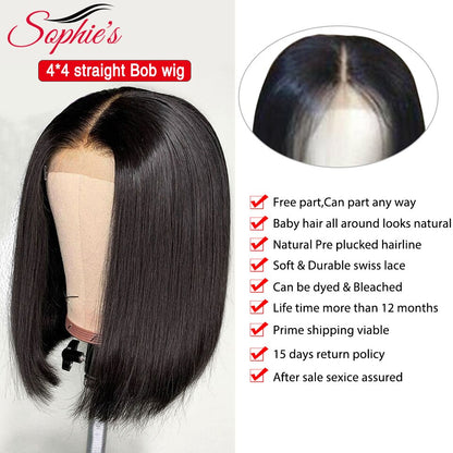 Sophie's 4*4 Lace Closure Short Bob Human Hair Wigs Pre-Plucked Brazilian Straight Human Hair Wigs 180% Density Remy wig 8-14"